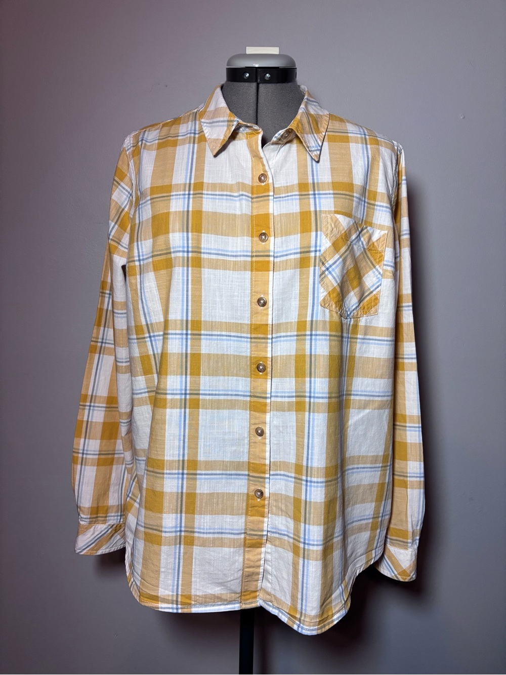Natural Reflections Plaid Button-Down Shirt - Mustard, White & Light Blue - L